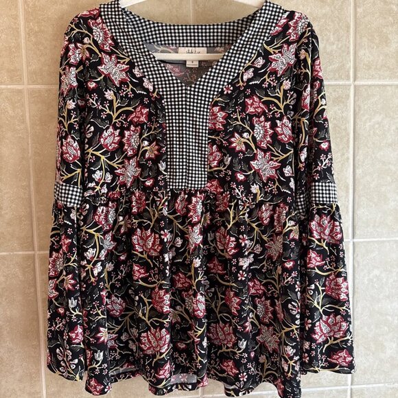 Style & Co Black Floral & Gingham Print Bell Sleeve Sz S Boho Peplum Work Top - Picture 1 of 12